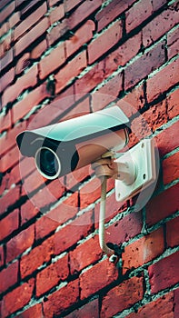 Outdoor security camera mounted on rustic red brick wall