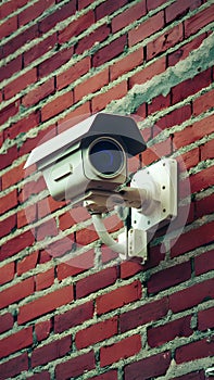 Outdoor security camera mounted on rustic red brick wall