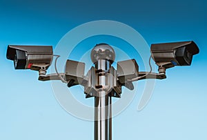 The outdoor security CCTV mornitor with blue sky background