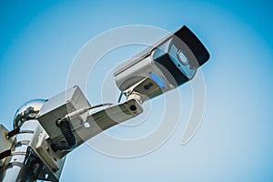 The outdoor security CCTV mornitor with blue sky background