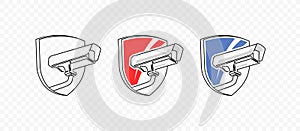 Outdoor security system with shield vector design. CCTV, security camera graphic design