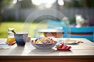 outdoor setting with an acai bowl on a picnic table