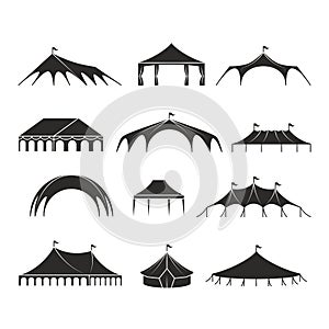 Outdoor shelter tent, event pavilion tents vector icons