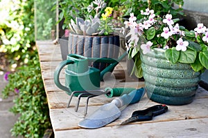 Outdoor sheltered potting bench with garden tools to care and maintain garden landscapes