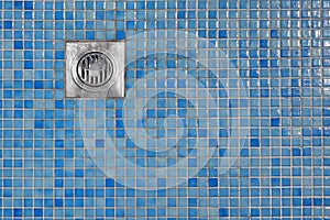 Outdoor Shower Cabin Blue Tiled Floor With Grate Of Outflow photo