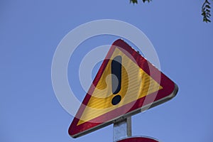 sign with exclamation mark. outdoor caution sign