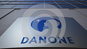 Outdoor signage board with Danone logo. Modern office building. Editorial 3D rendering