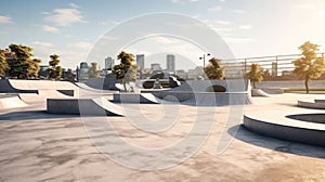 outdoor skatepark with blue sky and grey concrete.