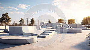 outdoor skatepark with blue sky and grey concrete.