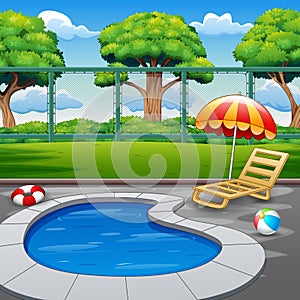 Outdoor small pool with chaise lounger and toys