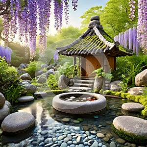 outdoor spa baths surrounded by greenery and stones on a beautiful nature background