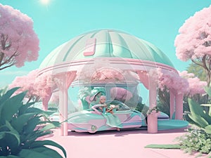 Outdoor space Barbie vibes pastel sunroof foliage Astro generated Ai.