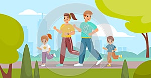 Outdoor sport activity. Happy family on park jogging, parents and children engaged running, mother father and kids