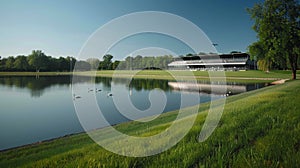 An outdoor stadium with a natural grass field situated on the edge of a serene lake with swans gliding by
