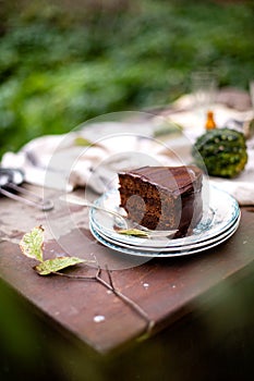 Outdoor still life in autumn garden with tasty slice of chocolate cake on vintage plates