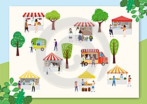 Outdoor street food festival with people walking between vans or caterers, canopy, buying meals, eating and drinking