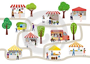 Outdoor street food festival with people walking between vans or caterers, canopy, buying meals, eating and drinking