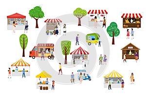 Outdoor street food festival with tiny people walking between vans or caterers, canopy, buying meals, eating and