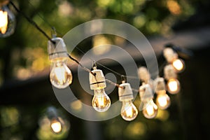 Outdoor string lights hanging on a line