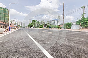 Outdoor suburban road straight ahead.