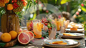 An outdoor summer brunch scene featuring a chic glass pitcher filled with an invigorating cocktail made from freshly