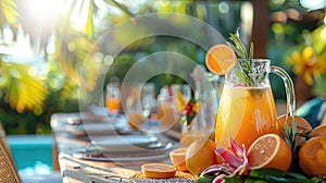 An outdoor summer brunch scene featuring a chic glass pitcher filled with an invigorating cocktail made from freshly