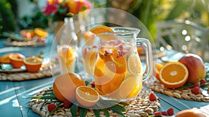 An outdoor summer brunch scene featuring a chic glass pitcher filled with an invigorating cocktail made from freshly