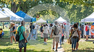 Outdoor summer fair with diverse people walking between booths