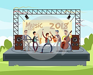 Outdoor summer festival concert with pop music band playing music outdoor on stage vector illustration