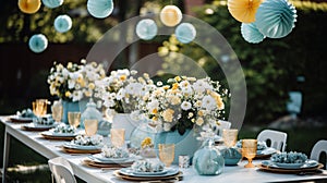 Outdoor summer party dinner table setting with flower details