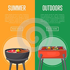 Outdoor summer picnic flyers with meats on bbq