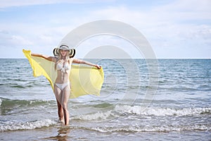 Outdoor summer portrait of the front image of beautiful girls in a sexy bikini standing on the beach in summer. sexy body. concept