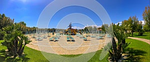 Outdoor sunbathing space, with palm trees and lawn