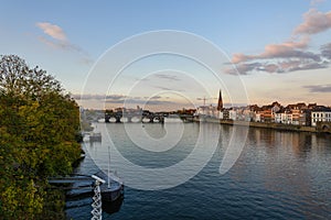 Outdoor sunny view of Meuse river and cityscape in Maastricht, Netherlands.