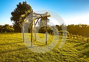 Jewish traditions wedding ceremony. Wedding canopy chuppah or huppah with clear blue skies