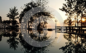 Outdoor swimming pool at dusk