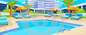 Outdoor swimming pool in a luxury hotel with empty pool party, umbrellas, palms