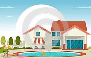 Outdoor Swimming Pool Luxury House Leisure Relaxation Flat Design Illustration