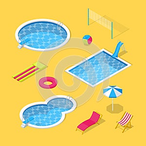 Outdoor swimming pool and water park vector 3d isometric icons and design elements set.