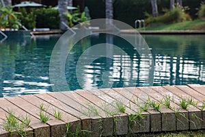 Outdoor swimming pool with wooden deck at resort