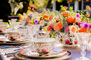 An outdoor table is set elegantly with flowers and fine china.