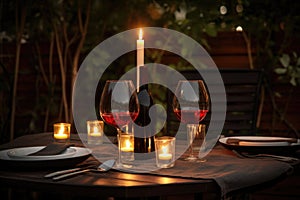 outdoor table settings with wine glasses and bottle of red, for a romantic evening