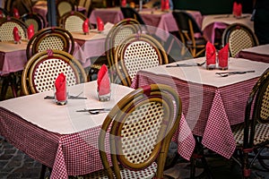 Outdoor tables at a traditional Alsatian winstub restaurant, Strasbourg, France
