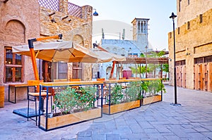Outdoor terrace of cafe in Al Seef, Dubai, UAE