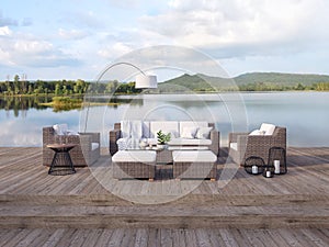 Outdoor terrace living area with beautiful lake and mountain view 3d render