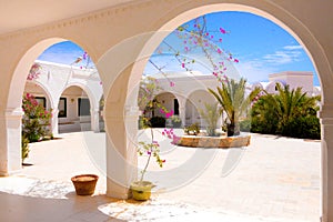 Outdoor Terrace, Djerba Museum, Pink Bougainvillea Flowers, Tunisia photo