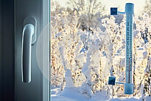 An outdoor thermometer is taped to outside of window glass and shows an air temperature of 20 degrees below zero Celsius