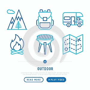 Outdoor thin line icons set: mountains, backpack, camper, fire,