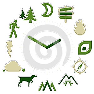 Outdoor time. Activities icons in a watch sphere with hours