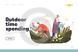 Outdoor time spending concept of landing page with senior couple work in garden gardening